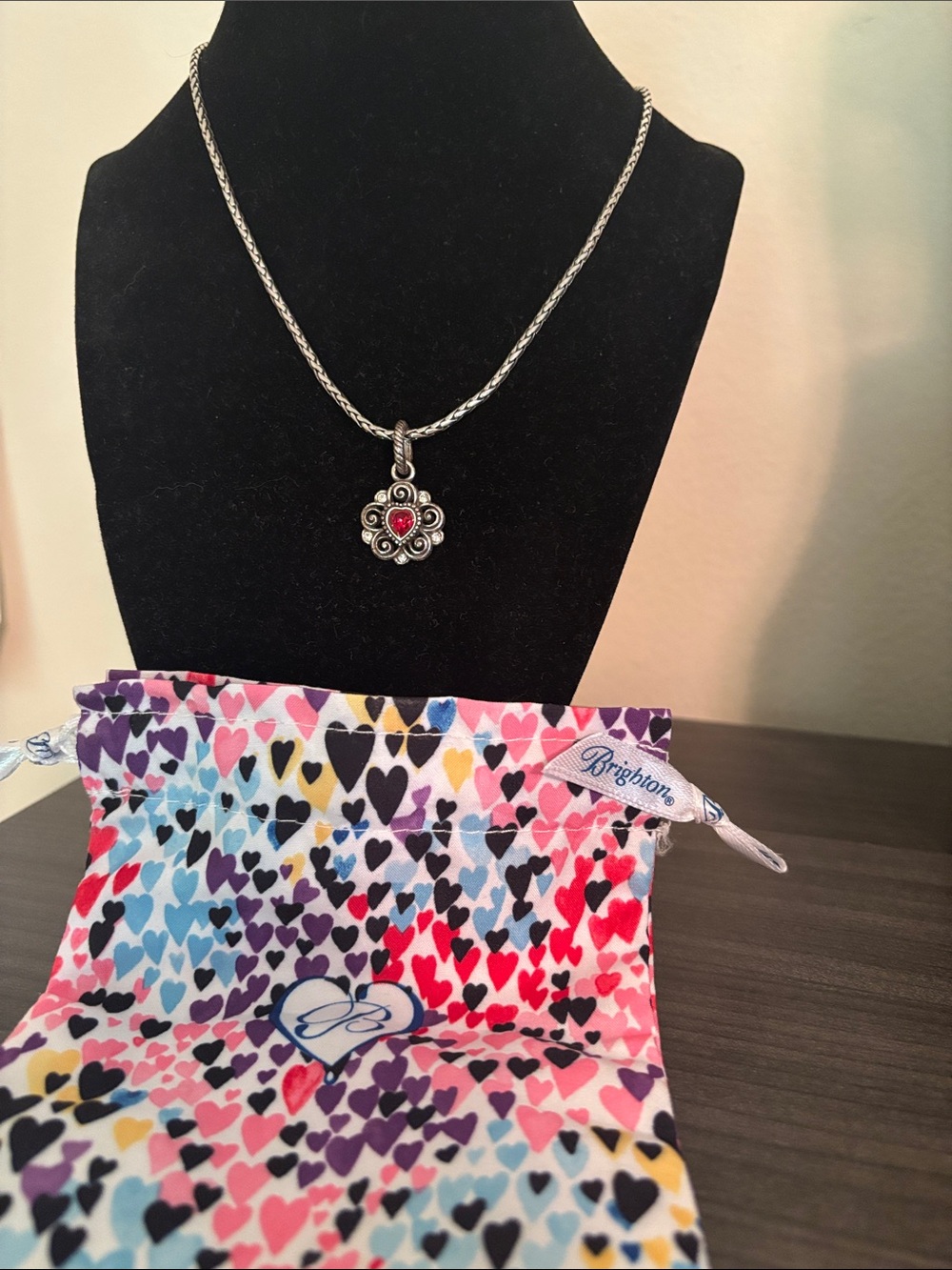 BRIGHTON Silver Rope Necklace w/ Red Heart Flower Pendant including Brighton bag